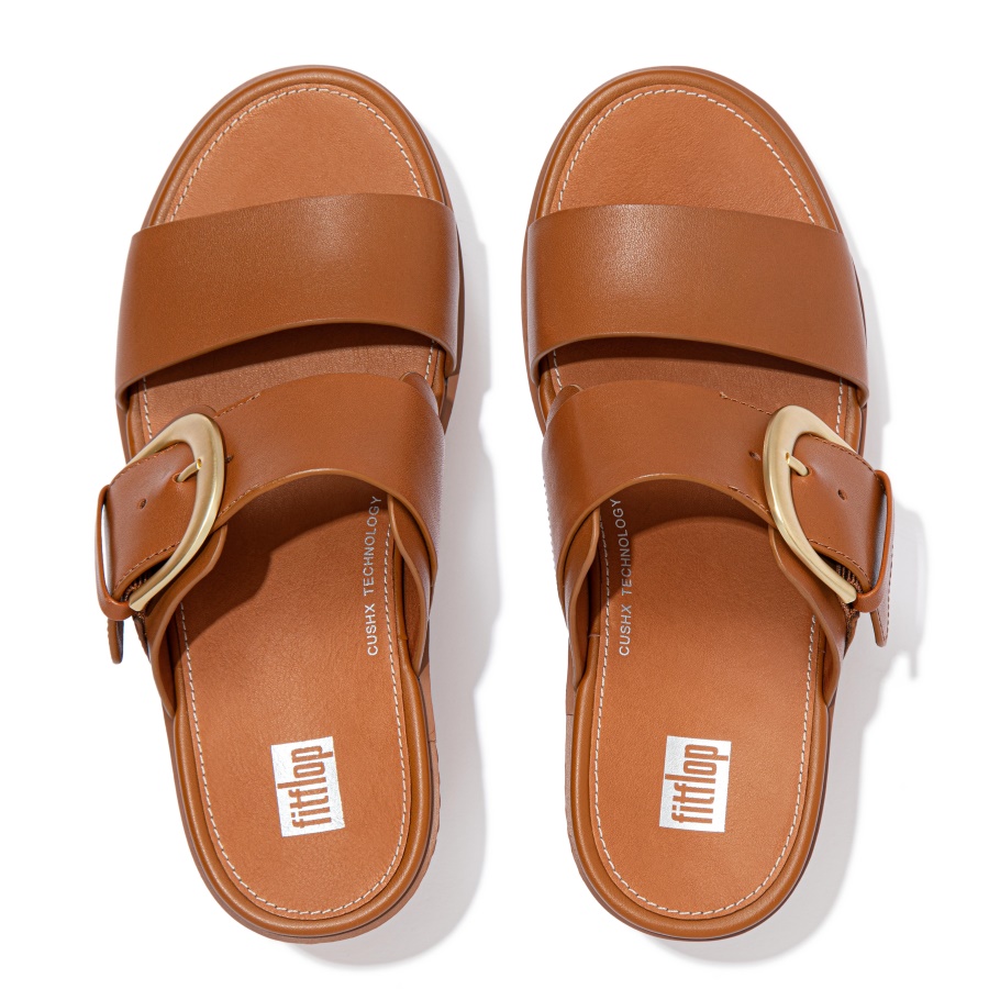 Fitflop PILAR Leather Platform Slides Light Tan