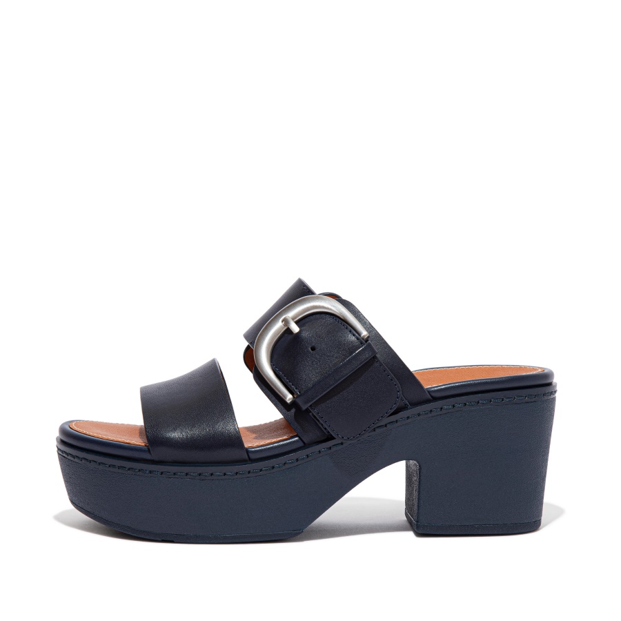 Fitflop PILAR Leather Platform Slides Midnight Navy