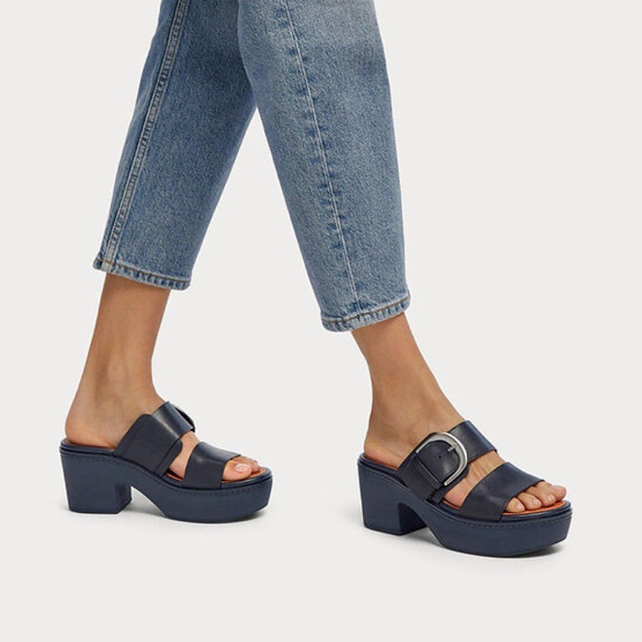 Fitflop PILAR Leather Platform Slides Midnight Navy