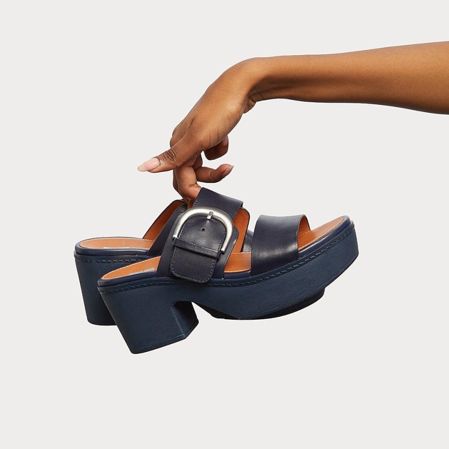 Fitflop PILAR Leather Platform Slides Midnight Navy