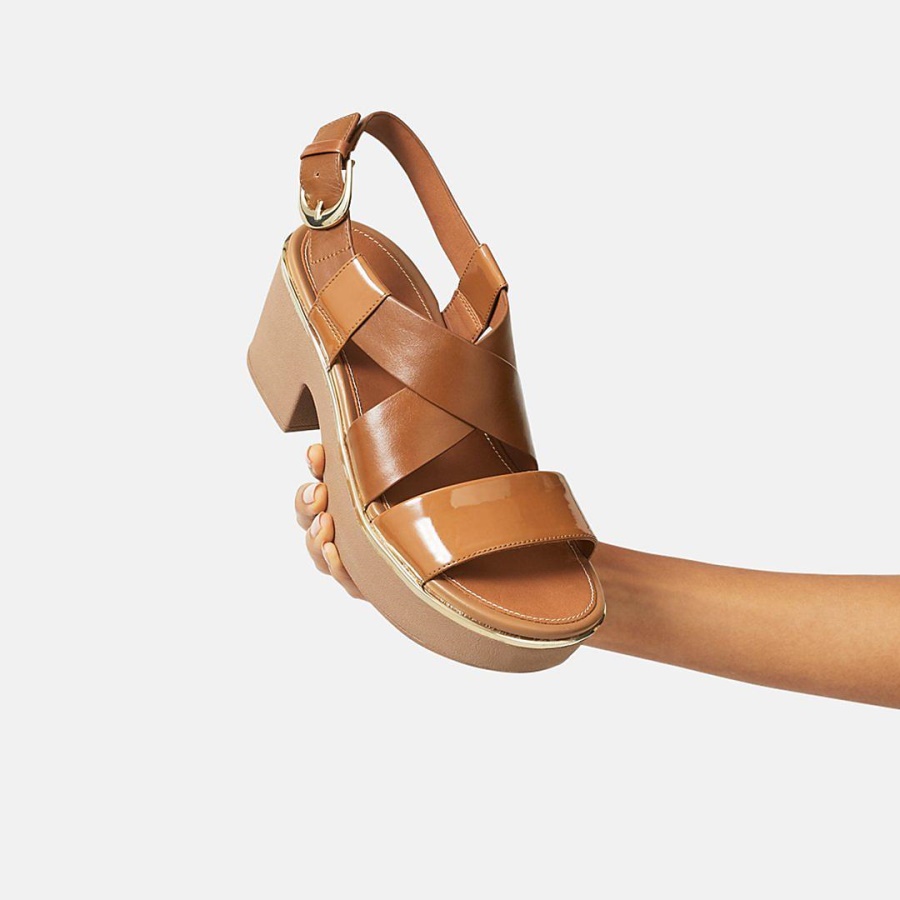 Fitflop PILAR Patent-Mix Back-Strap Platform Sandals Light Tan