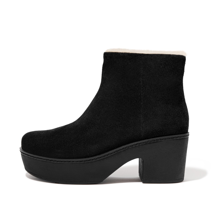 Fitflop PILAR Shearling-Lined Suede Platform Ankle Boots All Black