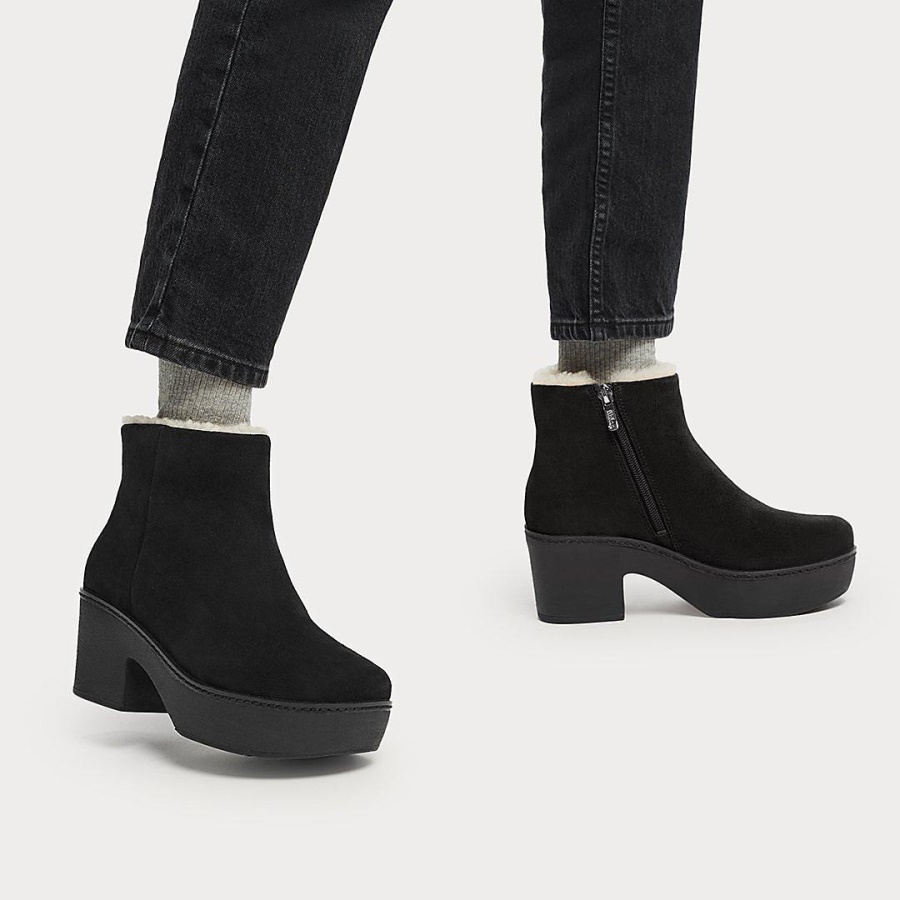 Fitflop PILAR Shearling-Lined Suede Platform Ankle Boots All Black