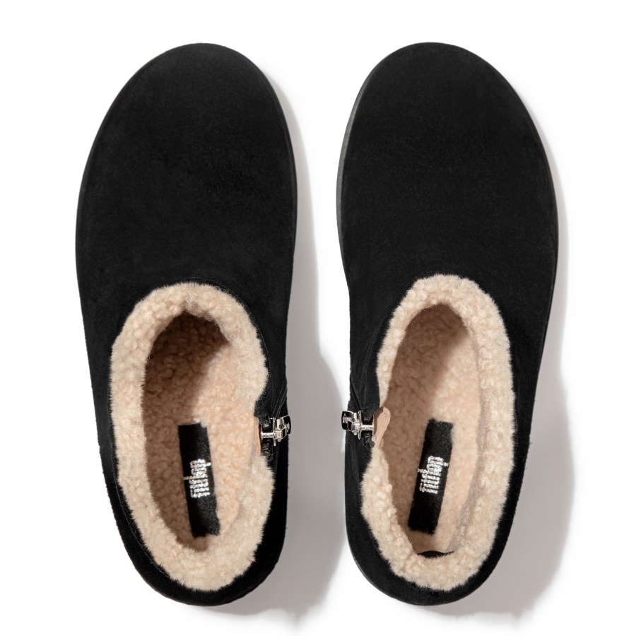 Fitflop PILAR Shearling-Lined Suede Platform Ankle Boots All Black