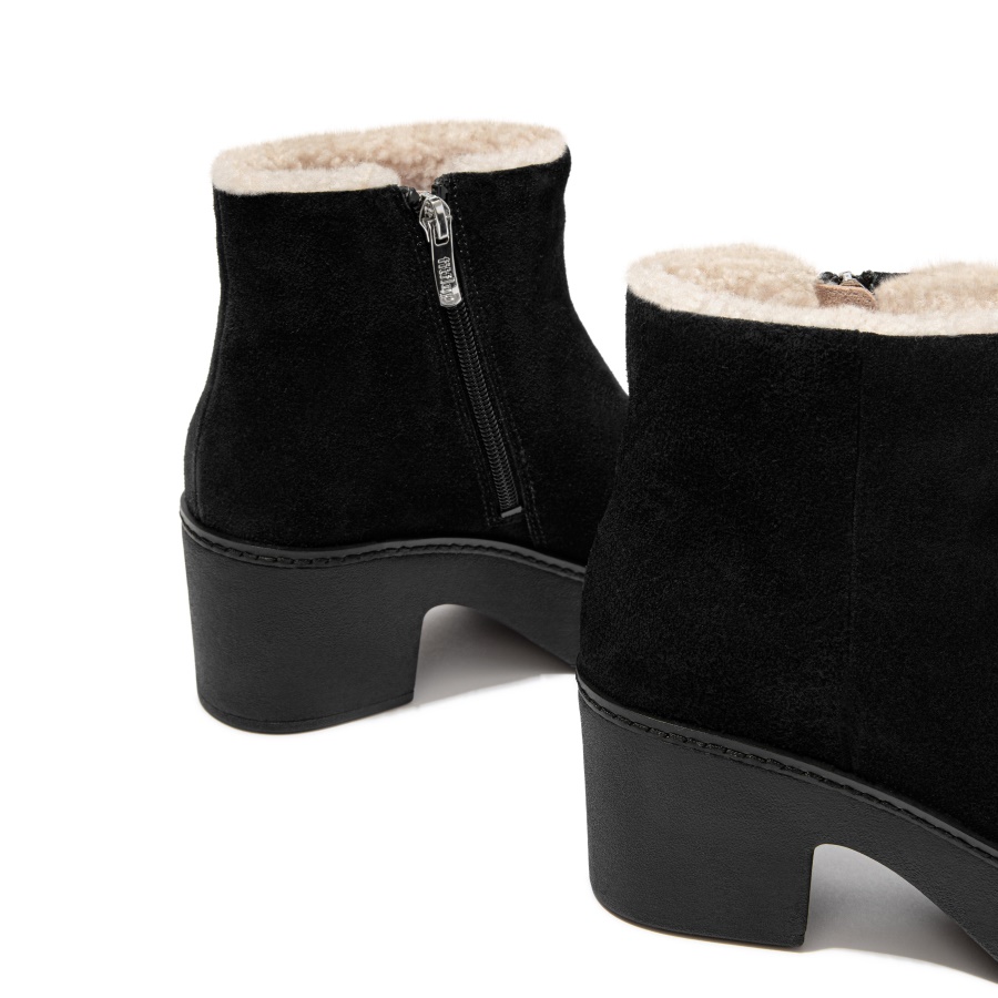 Fitflop PILAR Shearling-Lined Suede Platform Ankle Boots All Black