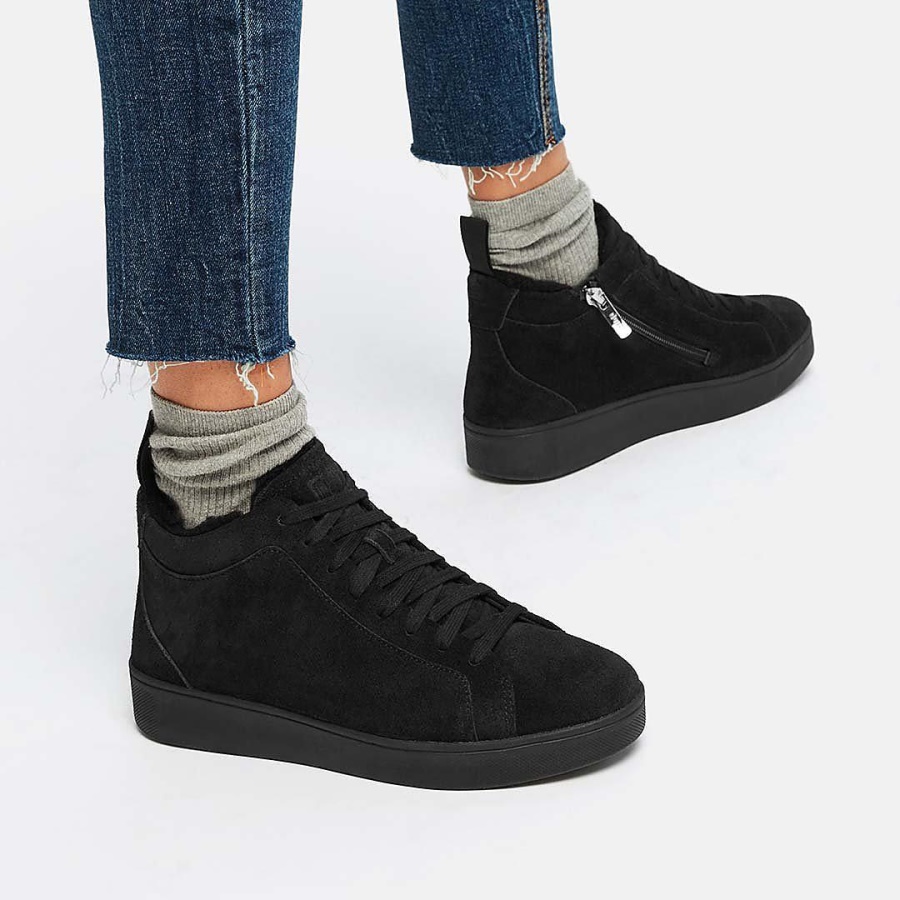 Fitflop RALLY Faux-Fur Lined Suede High-Top Sneakers All Black