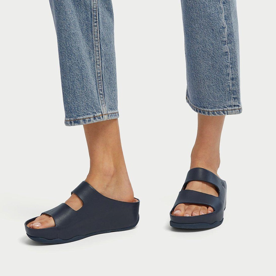 Fitflop SHUV Two-Bar Leather Slides Midnight Navy