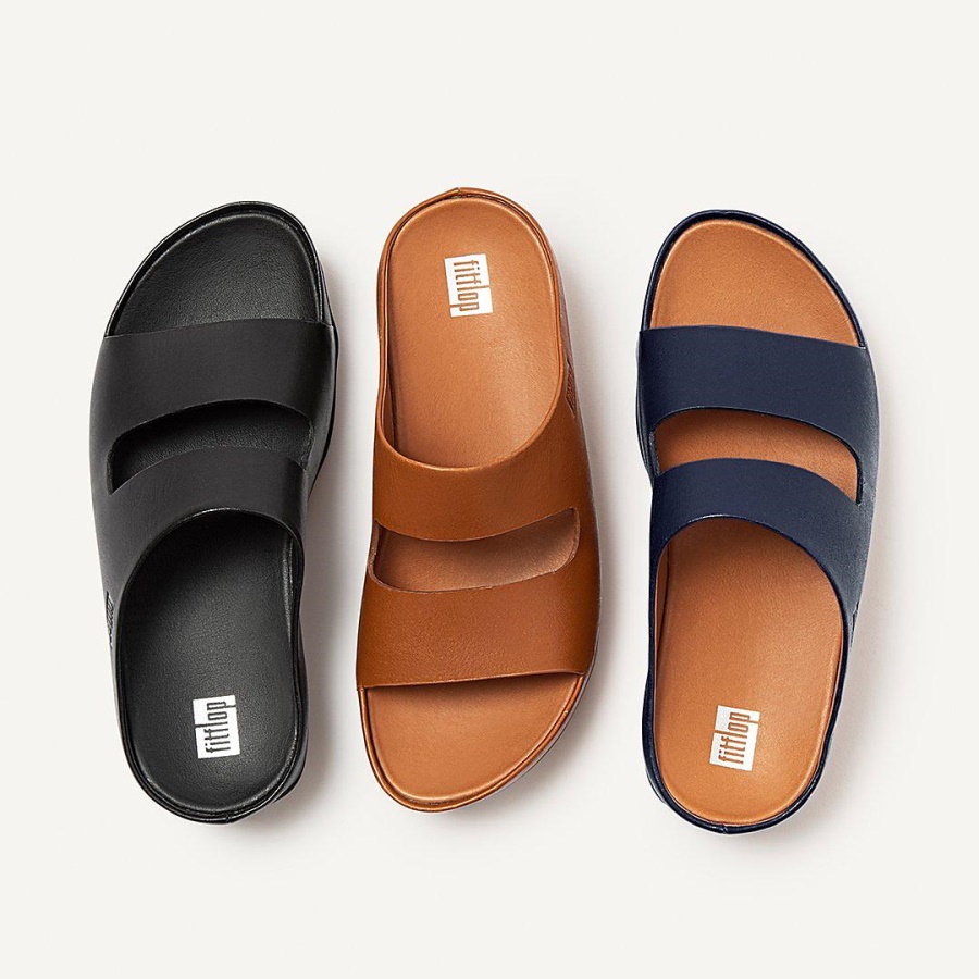 Fitflop SHUV Two-Bar Leather Slides Midnight Navy