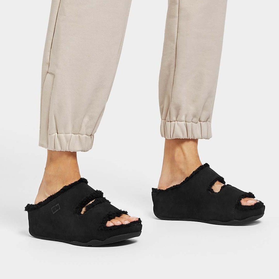 Fitflop SHUV Two-Bar Shearling-Lined Suede Slides All Black