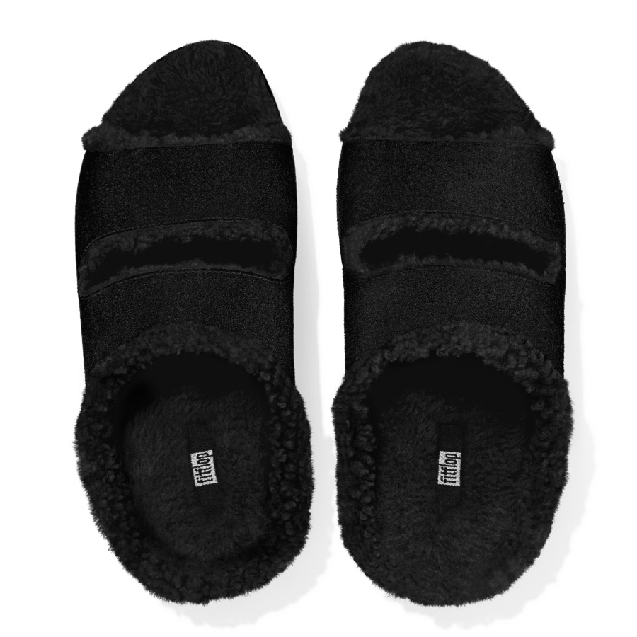 Fitflop SHUV Two-Bar Shearling-Lined Suede Slides All Black