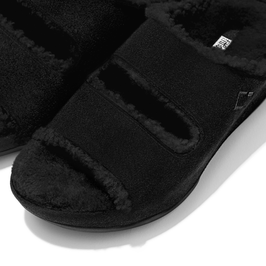 Fitflop SHUV Two-Bar Shearling-Lined Suede Slides All Black