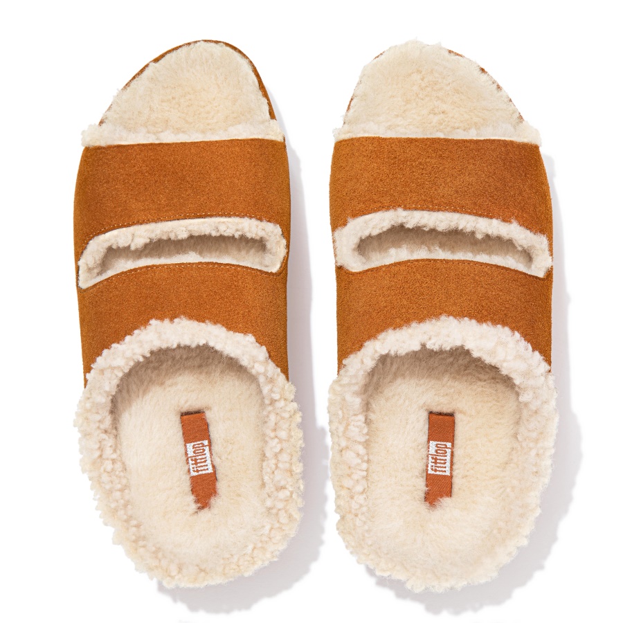 Fitflop SHUV Two-Bar Shearling-Lined Suede Slides Light Tan