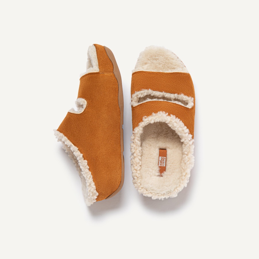 Fitflop SHUV Two-Bar Shearling-Lined Suede Slides Light Tan