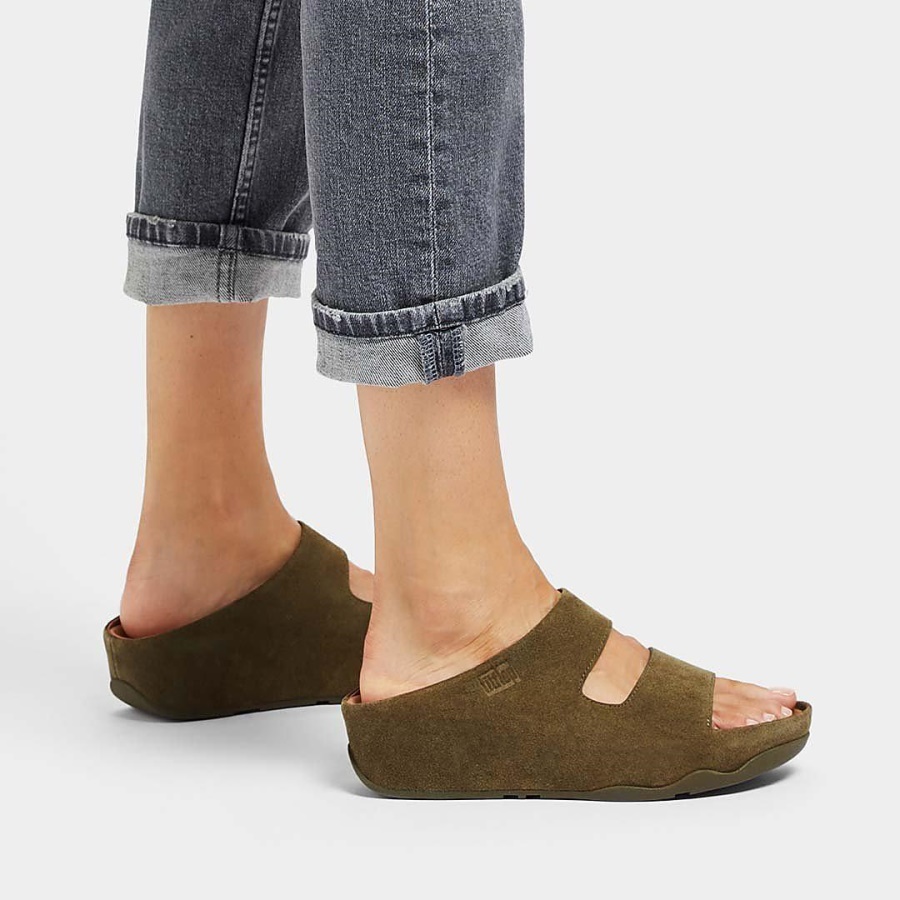 Fitflop SHUV Two-Bar Suede Slides Mossy