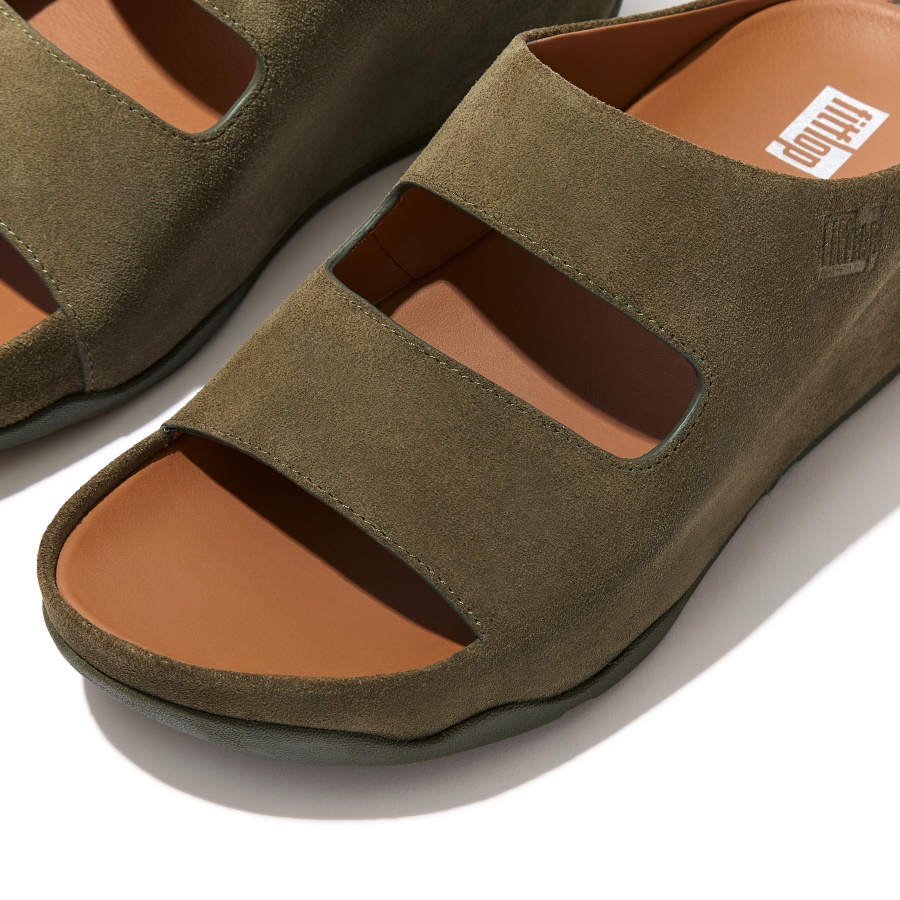 Fitflop SHUV Two-Bar Suede Slides Mossy