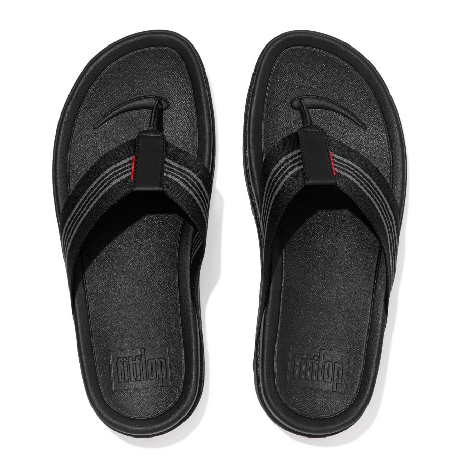 Fitflop SURFER Mens Stripe Webbing Toe-Post Sandals All Black