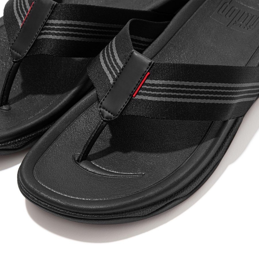 Fitflop SURFER Mens Stripe Webbing Toe-Post Sandals All Black