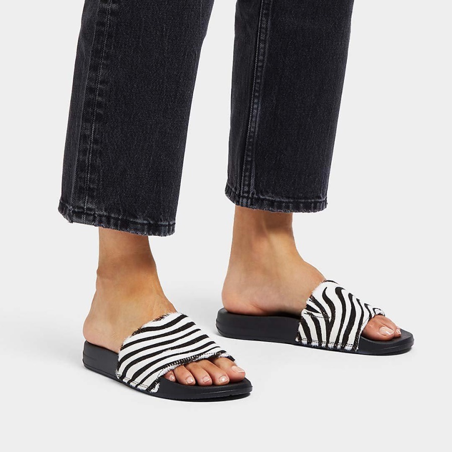 Fitflop iQUSHION Zebra-Print Leather Slides Zebra