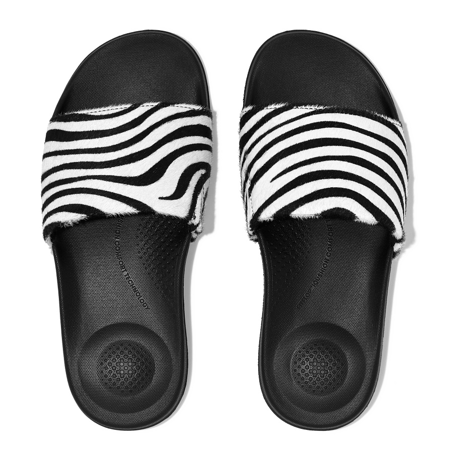 Fitflop iQUSHION Zebra-Print Leather Slides Zebra