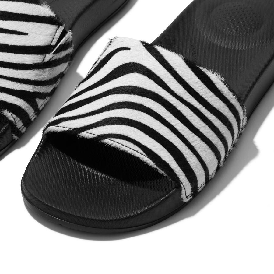 Fitflop iQUSHION Zebra-Print Leather Slides Zebra