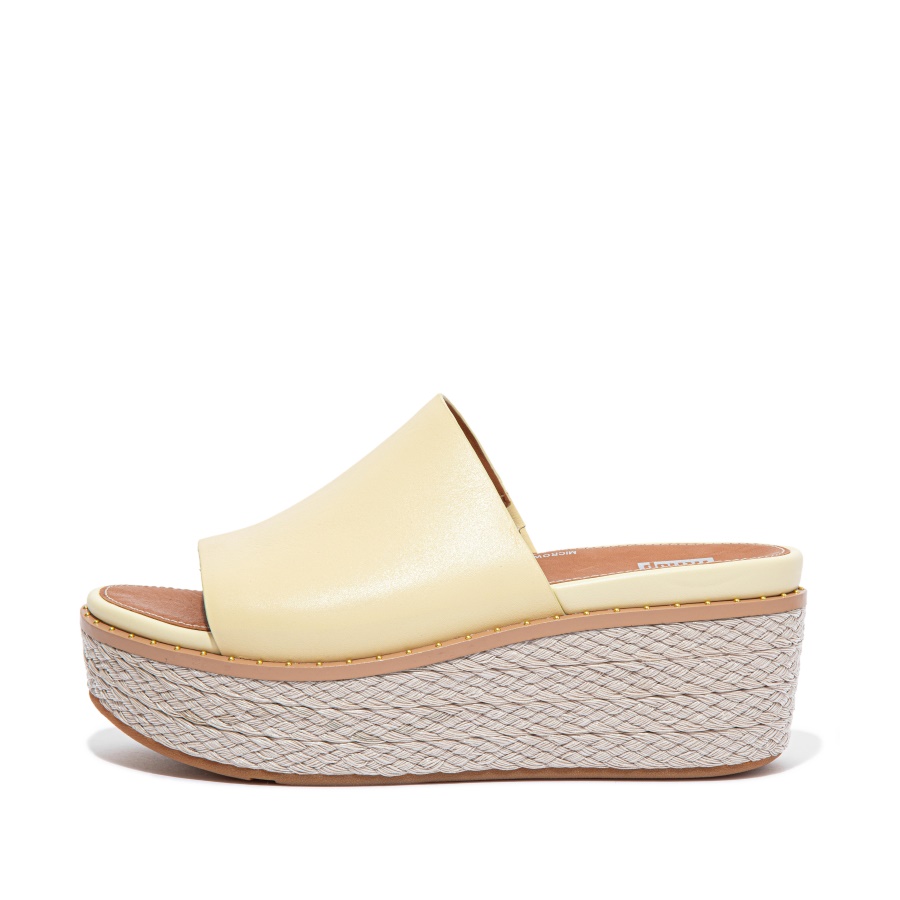 Fitflop ELOISE Espadrille Leather Wedge Slides Pale Yellow