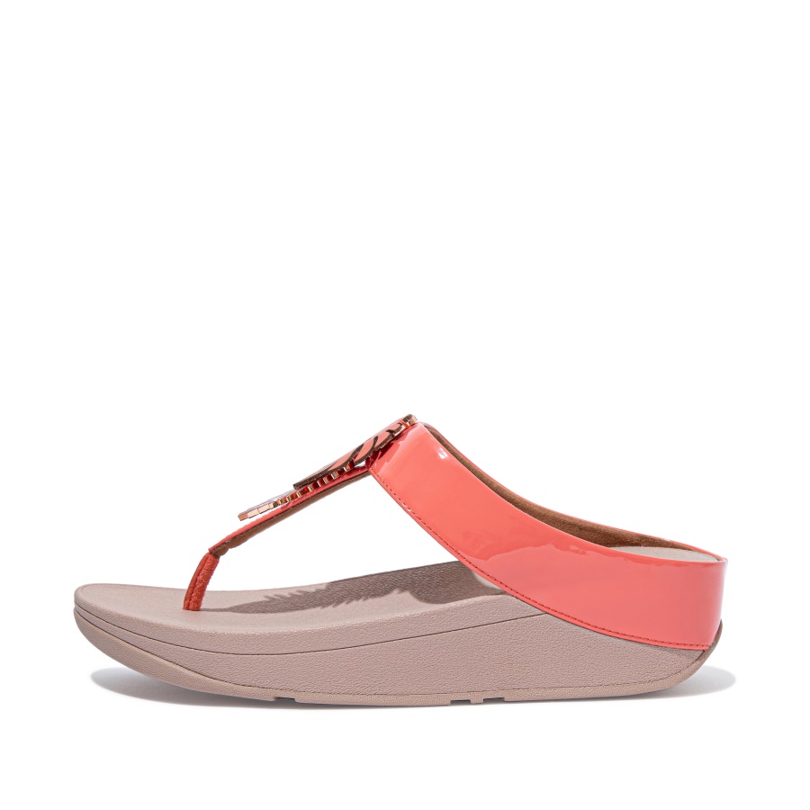 Fitflop FINO Jungle-Leaf Patent Sandals Coral Pink