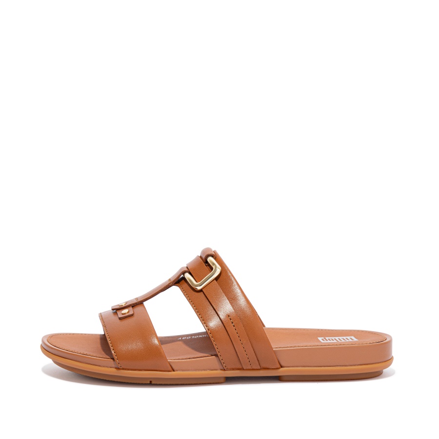 Fitflop GRACIE Stud-Buckle Leather Slides Light Tan