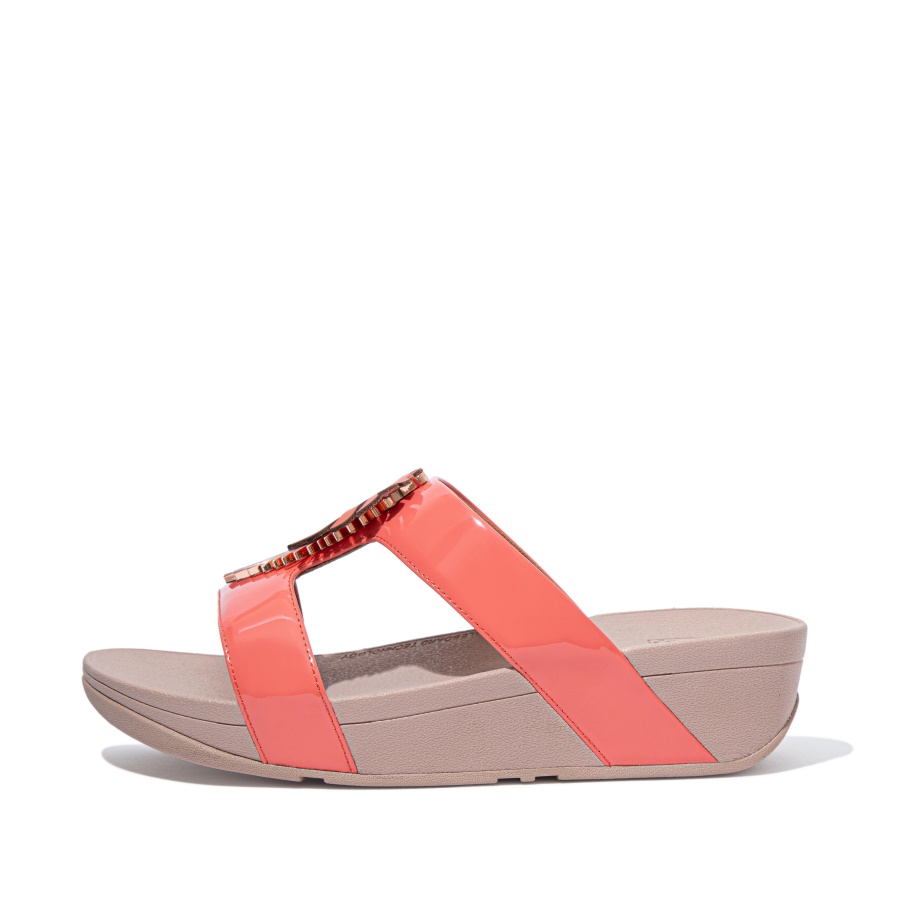 Fitflop LOTTIE Jungle-Leaf Patent Slides Coral Pink