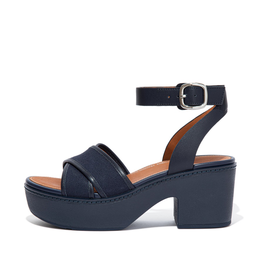 Fitflop PILAR Canvas Ankle-Strap Platform Sandals Midnight Navy