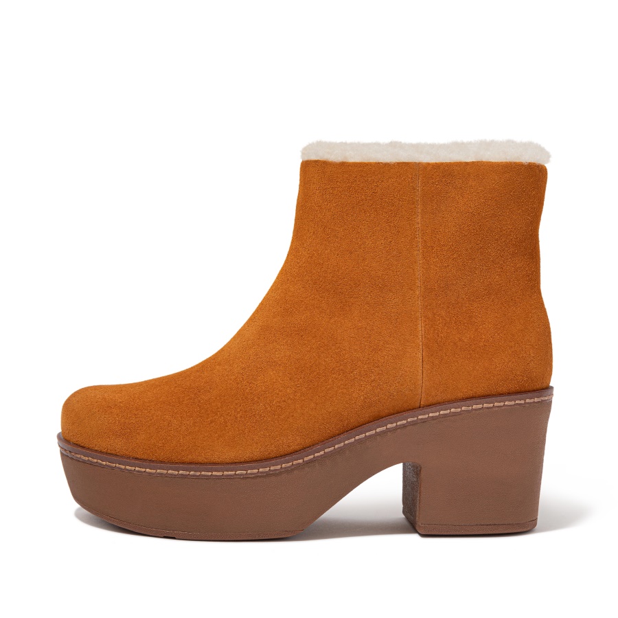 Fitflop PILAR Shearling-Lined Suede Platform Ankle Boots Light Tan