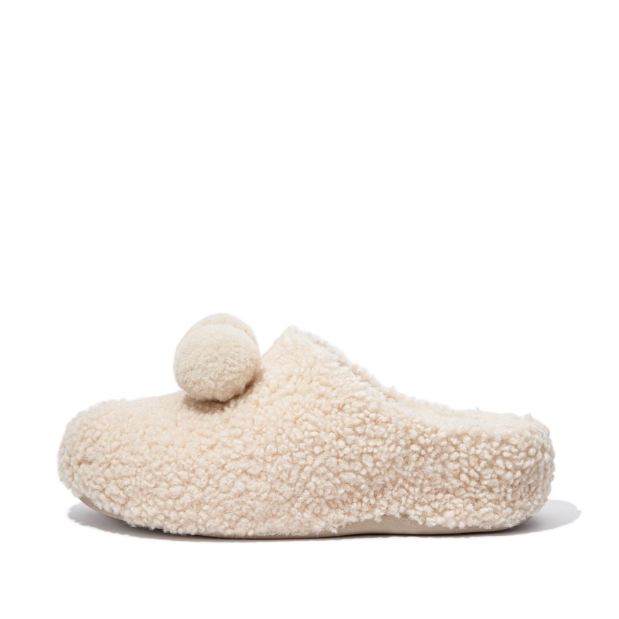 Fitflop SHUV Pom-Pom Shearling Clog Slippers Ivory