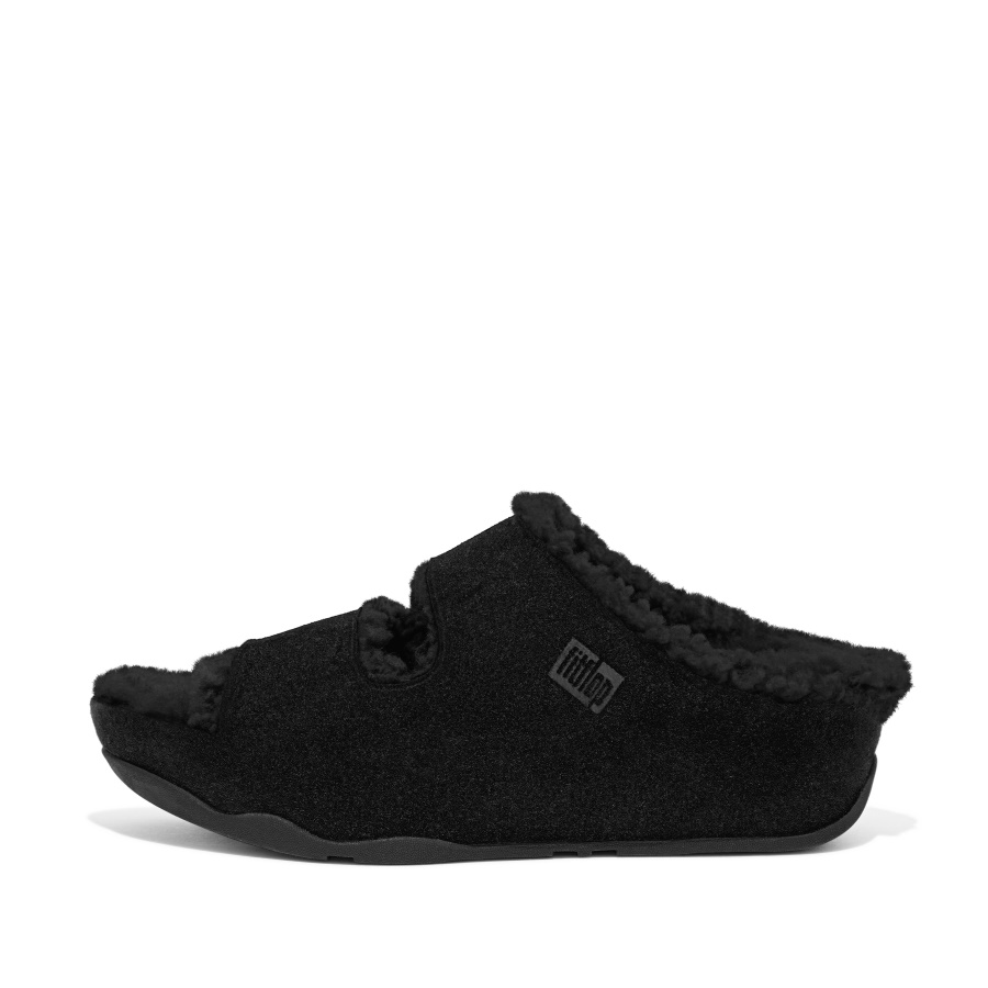 Fitflop SHUV Two-Bar Shearling-Lined Suede Slides All Black