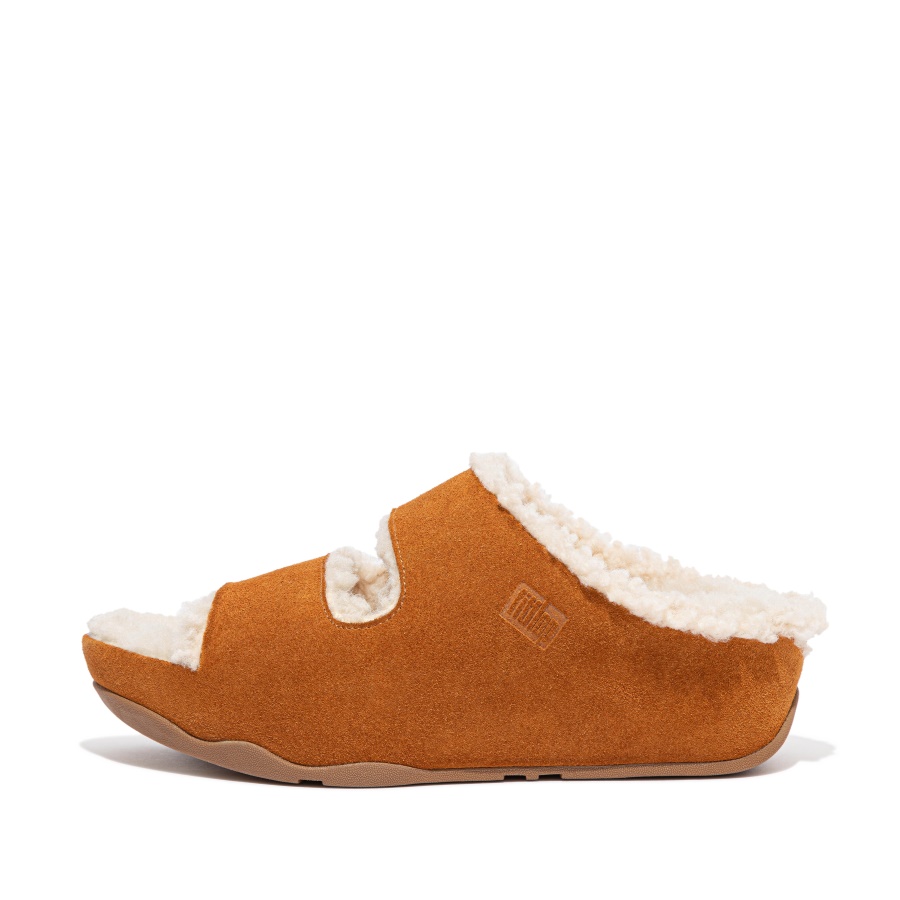 Fitflop SHUV Two-Bar Shearling-Lined Suede Slides Light Tan